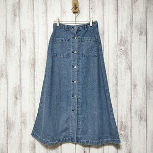 Muwork Denim Front Button Maxi Skirt Blue